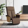 A brown massage chair with a footrest is shown in a living room setting, with a plant and a TV stand in the background. Produktbild-Vorschau