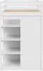 A white wooden loft bed with shelves and a cabinet on the side, shown from the front. Produktbild-Vorschau