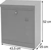A gray mailbox with dimensions indicated by measurement lines and text. Produktbild-Vorschau