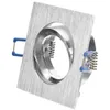 A square, brushed aluminum recessed light fixture with a swiveling mechanism and blue spring clips, shown against a white background. Produktbild-Vorschau