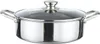A stainless steel pot with a glass lid and handles, shown from the front. Produktbild-Vorschau