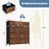 A size chart for a dresser with dimensions and a silhouette of a person for scale. Voir les images du produit