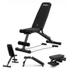 A black adjustable fitness bench with expander bands, shown from multiple angles.
