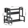 A black metal kitchen shelf organizer with dimensions indicated by measurement lines and numbers. Produktbild-Vorschau
