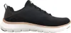 A side view of a black Skechers sneaker with rose gold accents. Voir les images du produit
