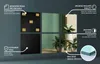 Marketing image showing decorative mirror tiles with feature callouts. Produktbild-Vorschau