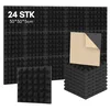 A collection of black acoustic foam panels with a pyramid pattern, some stacked and one with a peel-off adhesive backing. Produktbild-Vorschau
