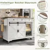 A kitchen island with sliding doors and drawers, shown in a kitchen setting. Various features are highlighted with callouts. Podgląd zdjęcia produktu