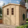 A wooden garden shed with double doors and two windows, set in a garden with a paved area in front. Anteprima dell’immagine prodotto
