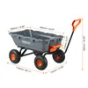 A gray garden cart with orange accents and wheels, shown from a side-diagonal angle with measurement annotations. Anteprima dell’immagine prodotto