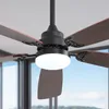 A close-up view of a ceiling fan with wooden blades and an integrated LED light. Produktbild-Vorschau