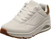 A white Skechers Uno sneaker with brown accents and a gum sole, shown from a side-angle. Anteprima dell’immagine prodotto
