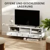 A white TV stand with a large black TV on top, in a well-lit room. Produktbild-Vorschau
