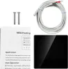 A flat lay of a smart thermostat, its manual, screws, and a temperature sensor cable. Produktbild-Vorschau