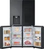 A black LG multi-door refrigerator with its doors open, showcasing various food items inside. Produktbild-Vorschau