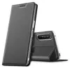 A dark gray flip case for a smartphone is shown from the front and back, with the phone partially visible. Podgląd zdjęcia produktu