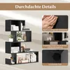 A black S-shaped bookshelf with various items on display, accompanied by close-up images highlighting product features. Podgląd zdjęcia produktu