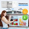 A woman is taking a bottle out of a mini-fridge. The image also contains marketing text and graphics about the product's features. Produktbild-Vorschau
