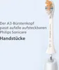 A close-up of a Philips Sonicare toothbrush head and part of the handle, with German text describing its compatibility. Voir les images du produit