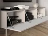A modern TV lowboard with its doors open, revealing storage compartments with electronic devices and books. Produktbild-Vorschau