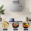 A kitchen scene featuring a range hood, stovetop, and three circular insets showing different cooking levels. Náhled obrázku produktu