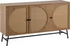 A wooden sideboard with rattan woven circular inlays on the doors, set against a white background. Produktbild-Vorschau