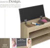 A shoe bench with its lid open, showing storage space and items inside, along with descriptive text and smaller images highlighting features. Náhled obrázku produktu