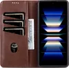 A brown leather wallet-style phone case with card slots and a folded phone inside. Produktbild-Vorschau