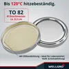 Two metal jar lids, one with a yellow silicone seal, are shown against a light gray and white background. Text overlays provide product details and branding. Produktbild-Vorschau