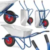 A collage of different views of a silver wheelbarrow with a blue frame and red wheels. Podgląd zdjęcia produktu