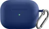 A dark blue protective case for Apple AirPods Pro 2 with a silver carabiner attached. Produktbild-Vorschau