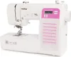 A white Brother sewing machine with pink accents is shown from a three-quarter front view against a white background. Podgląd zdjęcia produktu