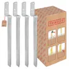 Four galvanized steel L-shaped post anchors are displayed in front of a cardboard box with product instructions. Produktbild-Vorschau