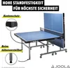 A JOOLA table tennis table with a blue playing surface and a net, shown from a slightly angled side view. The image includes callouts highlighting features like edge protection and adjustable legs. Produktbild-Vorschau