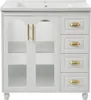 A white bathroom vanity with a sink on top, featuring two glass-paneled doors with fluted glass and gold handles, and three drawers with gold handles on the right side. The vanity stands on four decorative legs. Produktbild-Vorschau