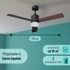 A black ceiling fan with wooden blades and a white light fixture is shown on a teal wall. Náhled obrázku produktu