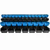 A wall-mounted storage system with multiple blue and black bins. Produktbild-Vorschau