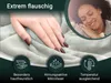 A close-up of a hand on a soft blanket, with a woman sleeping peacefully in the background, and icons highlighting product features. Produktbild-Vorschau