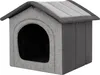 A gray fabric dog house with a dark gray roof and trim, shown from the front-left. Náhled obrázku produktu