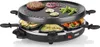 A raclette grill with food cooking on it, presented on a white background. Produktbild-Vorschau