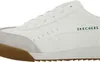 A close-up side view of a white SKECHERS sneaker with a gray toe cap and a brown sole. Produktbild-Vorschau