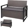 A poly-rattan storage bench with a gray cushion, shown from the front and a smaller inset view. Podgląd zdjęcia produktu