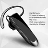 A black Bluetooth headset with an ear hook is displayed against a gradient background with text describing its features. Produktbild-Vorschau