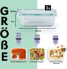 A collage of images showing a glass food container with dimensions and examples of its use, along with text labels. Produktbild-Vorschau