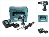 A collage of images showing a Makita cordless impact drill and its accessories, including batteries, a charger, and a storage case. Produktbild-Vorschau