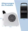 The image shows two views of a white and black floor fan with dimensions indicated by text and lines. Voir les images du produit