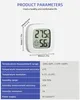 A product image showing a mini thermometer and hygrometer with its dimensions and a table of product parameters. Produktbild-Vorschau