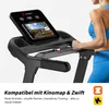 A woman is using a treadmill with a tablet mounted on the console, displaying a virtual running simulation. Produktbild-Vorschau