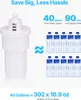 A water filter cartridge is shown next to several bottles of water, with text highlighting its features. Podgląd zdjęcia produktu