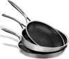 Three stainless steel frying pans are stacked on a white background. Náhľad obrázku produktu